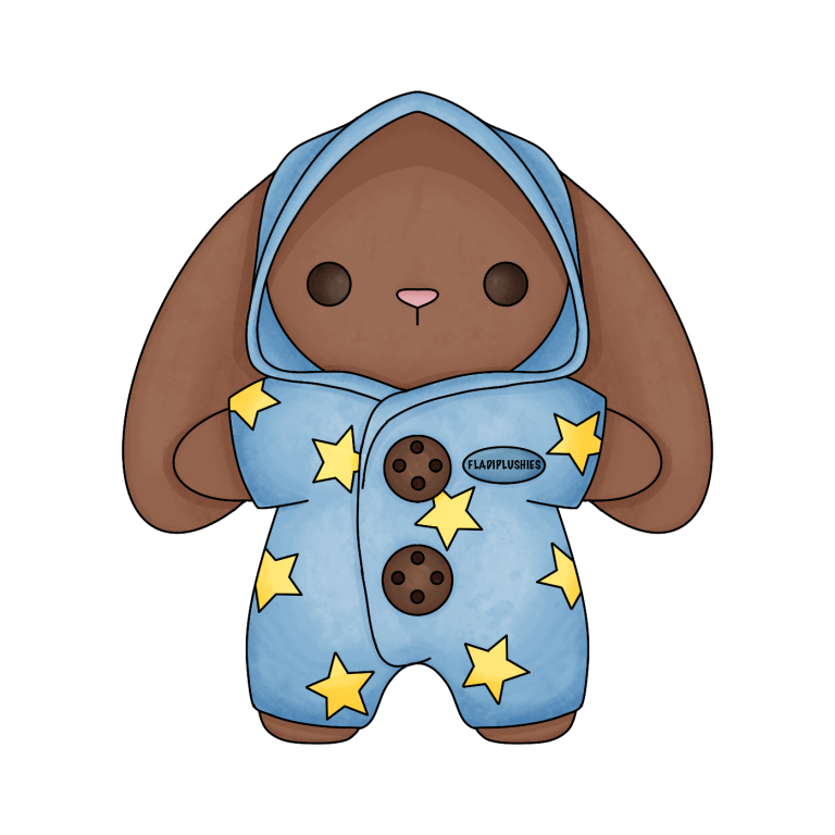 Brauner Hase in blauer Schlafanzug mit Sternen und Knöpfen.