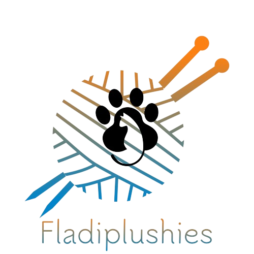 Logo von Fladiplushies mit einer Wolle-Schnur und einer Pfote im Mittelpunkt.